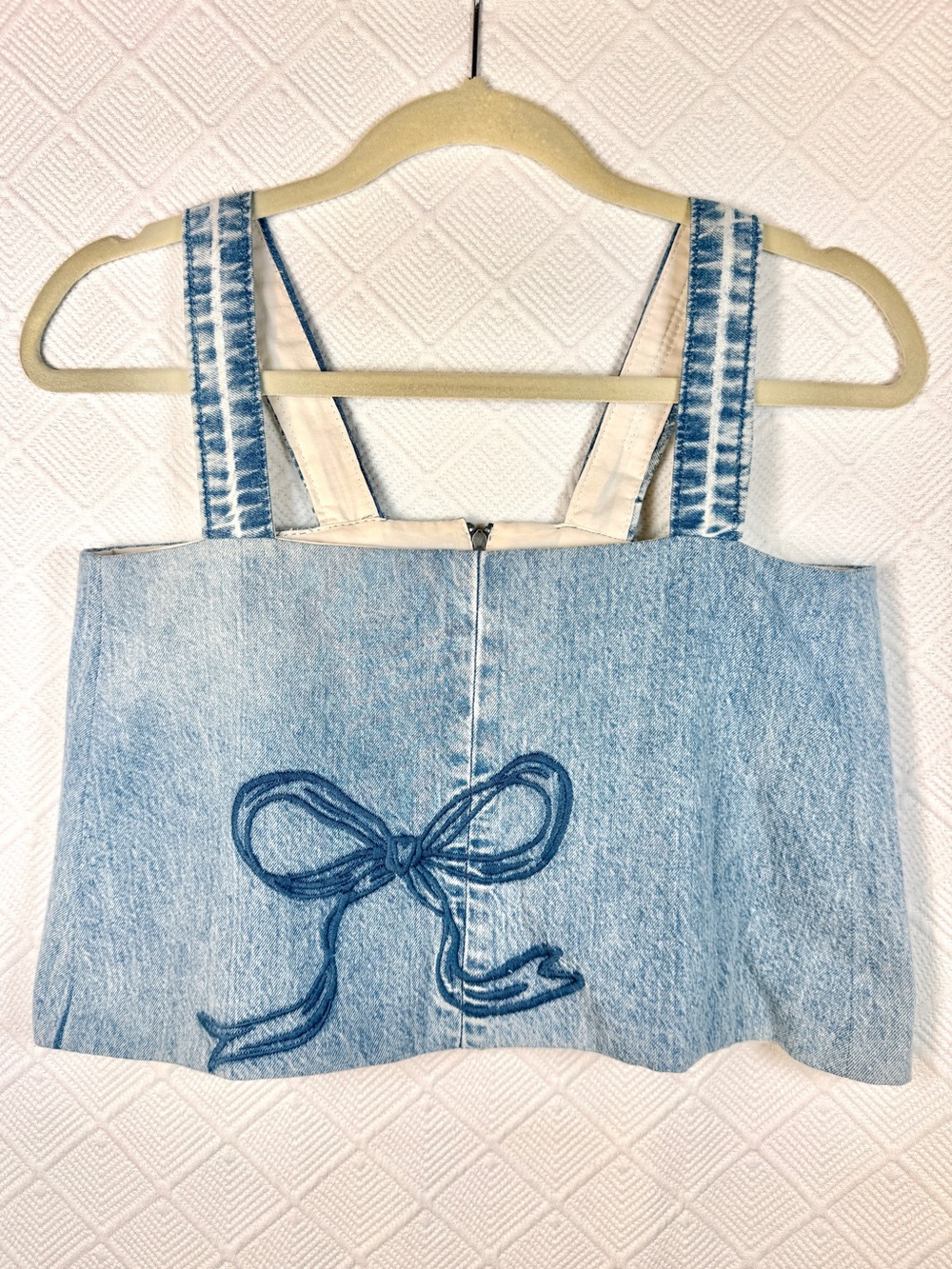 Handmade Soft Denim Embroidered Bow Crop Top Lined Corset Sz XS/S, Coquette
